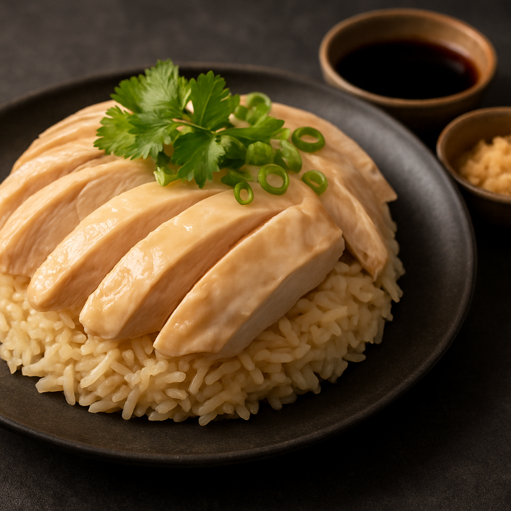 Malaysian chicken rice with dipping sauces