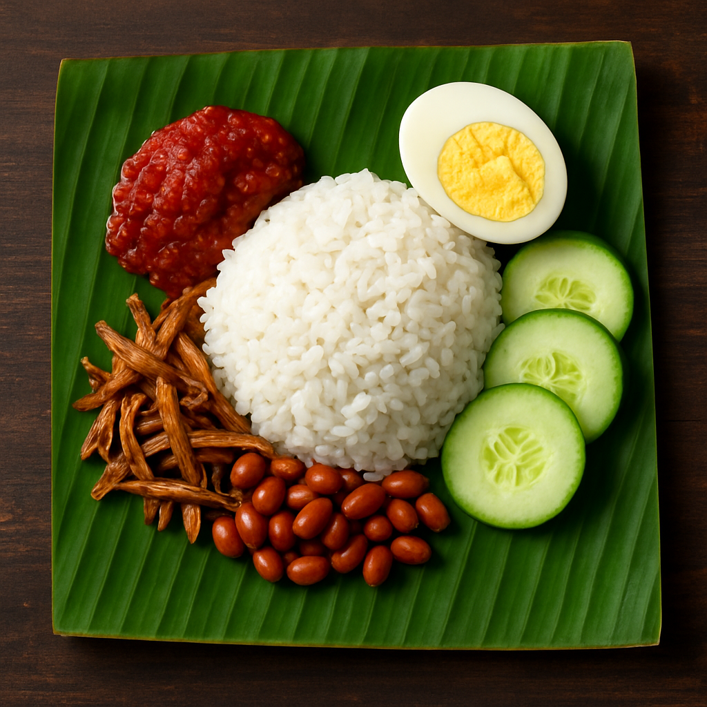 Nasi lemak served on banana leaf with sambal and accompaniments